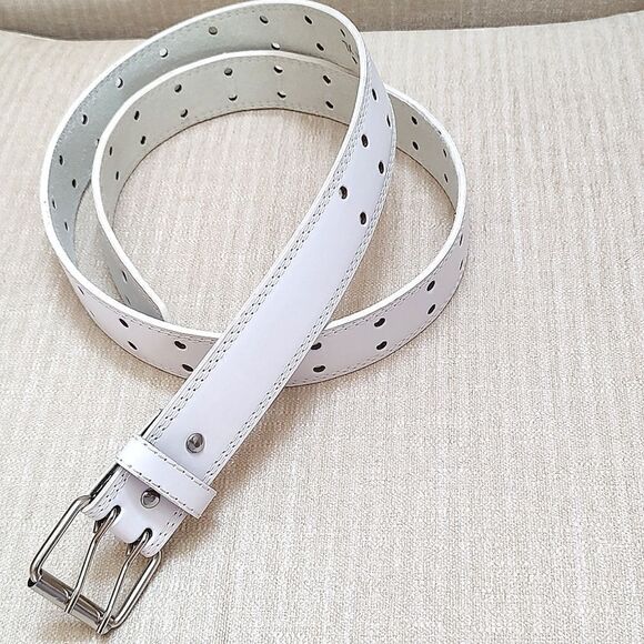 Genuine Leather Double Prong White Belt Unisex - Picture 1 of 8